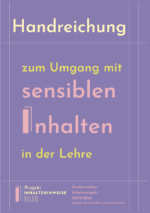 Das Cover der Handreichung "zum Umgang mit sensiblen Inhalten in der Lehre" zeigt den Text gedruckt auf einem lilanen Hintergrund.